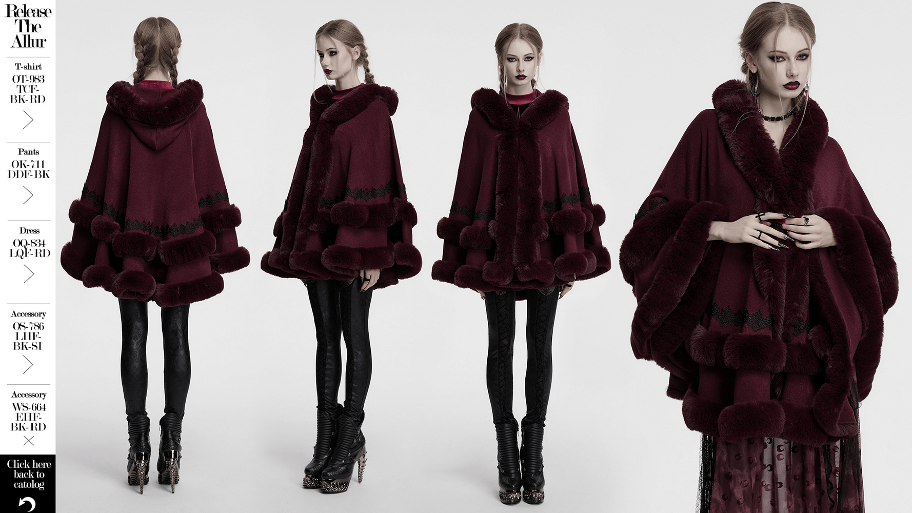 Elegant burgundy hooded cloak with luxurious fur trim and lace hem, perfect for a chic winter look.