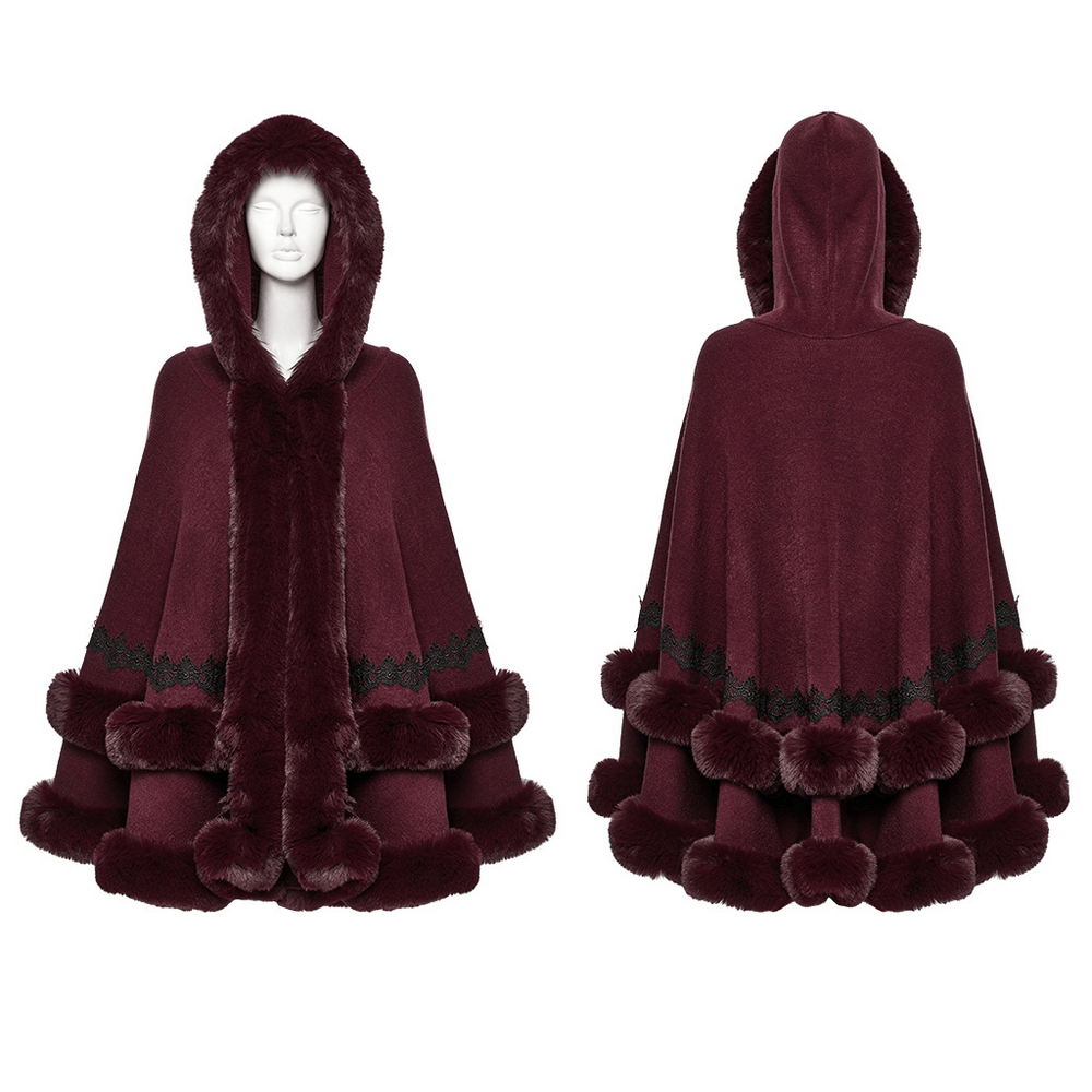 Burgundy hooded cloak with luxurious fur trim and elegant lace hem, perfect for stylish warmth and comfort.