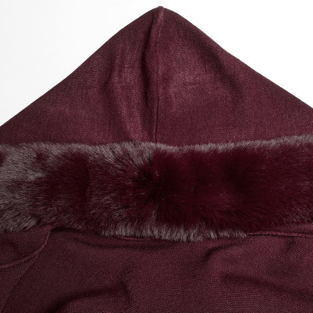 Burgundy hooded cloak featuring plush fur trim for a stylish and cozy look.