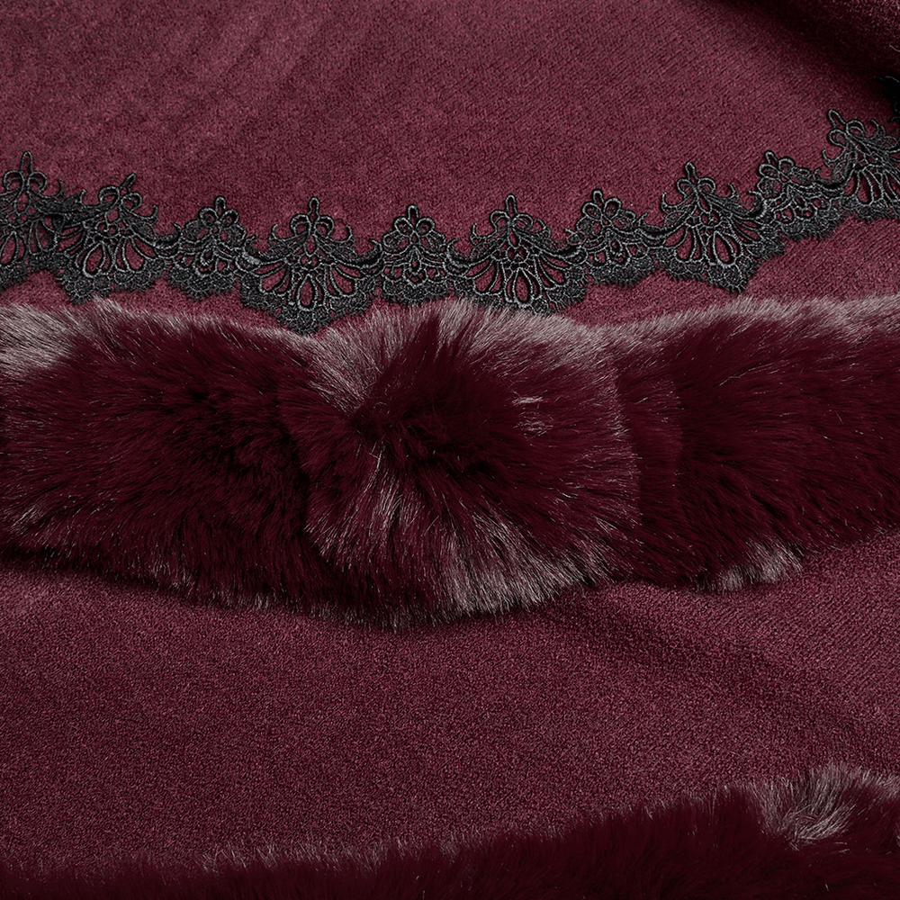 Close-up of burgundy fabric featuring elegant lace trim and luxurious fur accents for a hooded cloak.