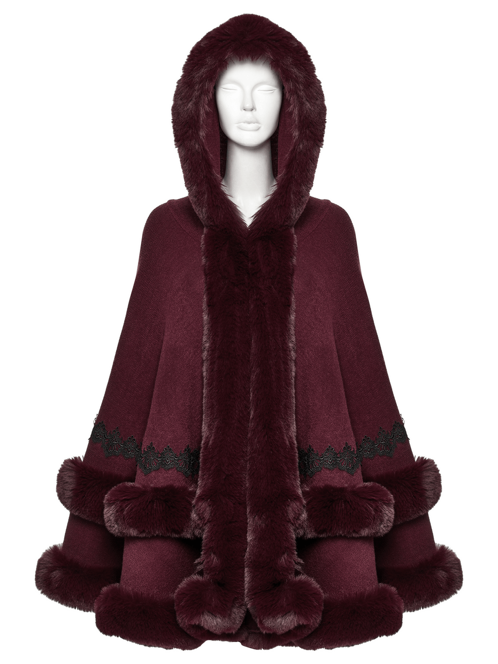 Burgundy hooded cloak featuring luxurious fur trim and elegant lace hem, perfect for stylish winter fashion.