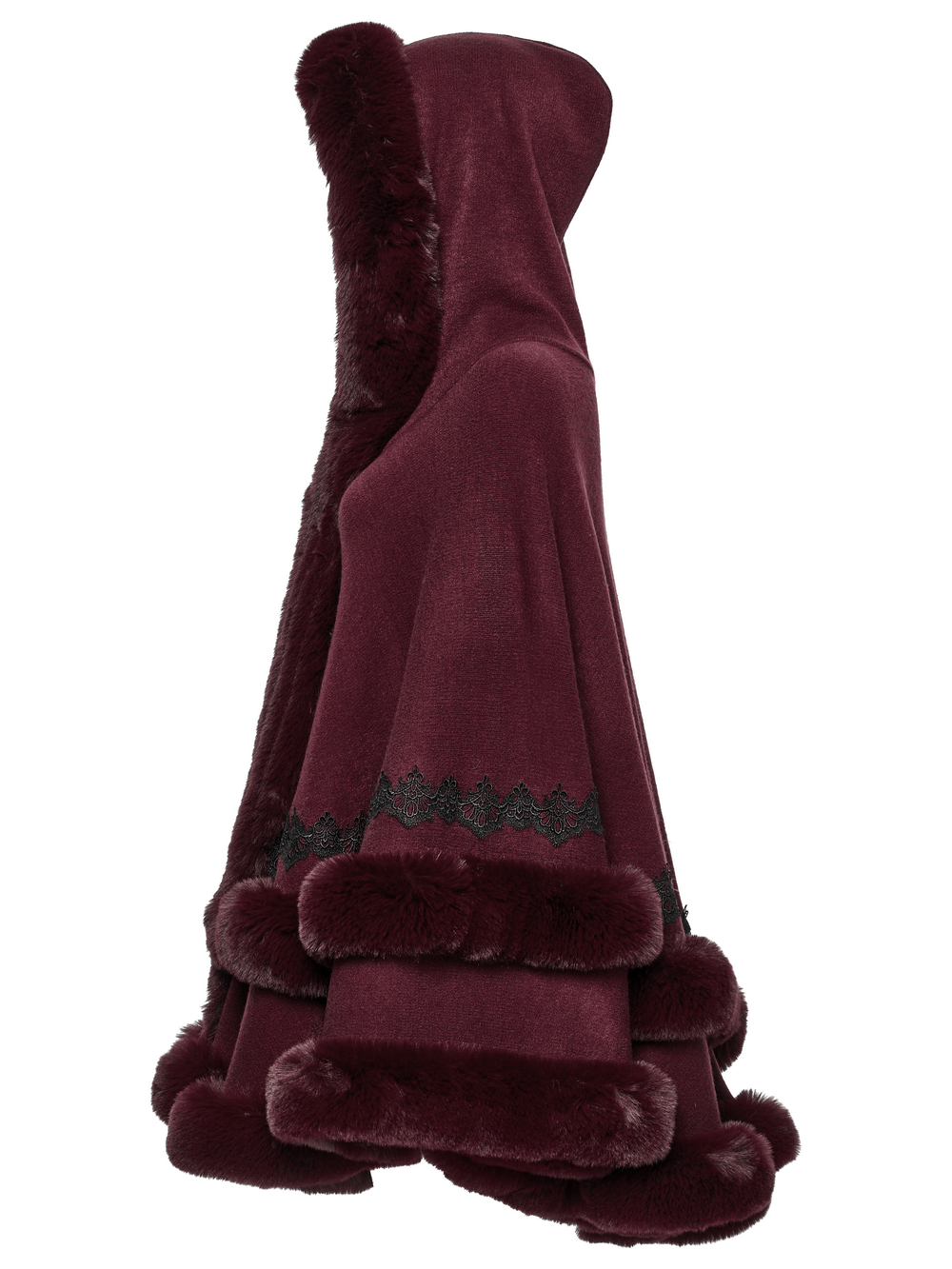 Burgundy hooded cloak featuring luxurious fur trim and elegant lace hem, perfect for stylish warmth.