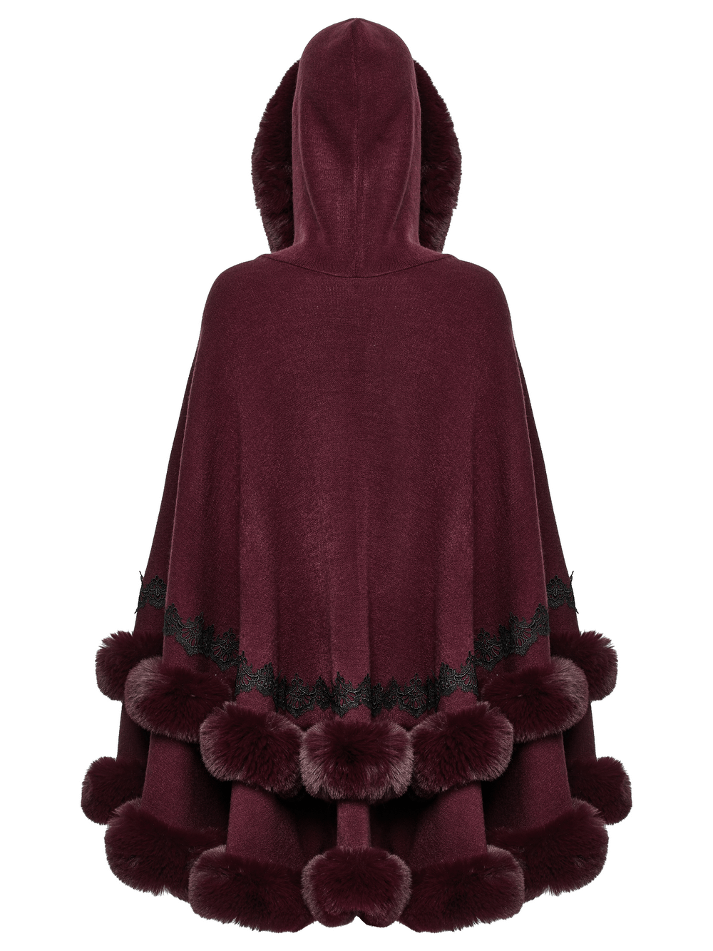 Burgundy hooded cloak with luxurious fur trim and elegant lace hem, perfect for stylish winter wear.