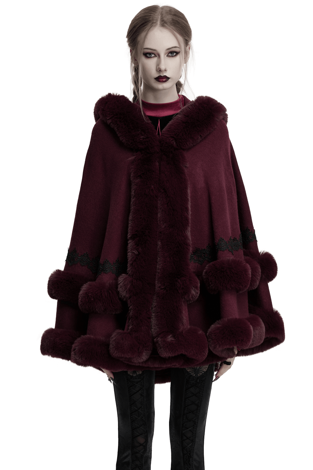 Burgundy hooded cloak featuring elegant fur trim and lace hem, perfect for chic fall and winter outfits.