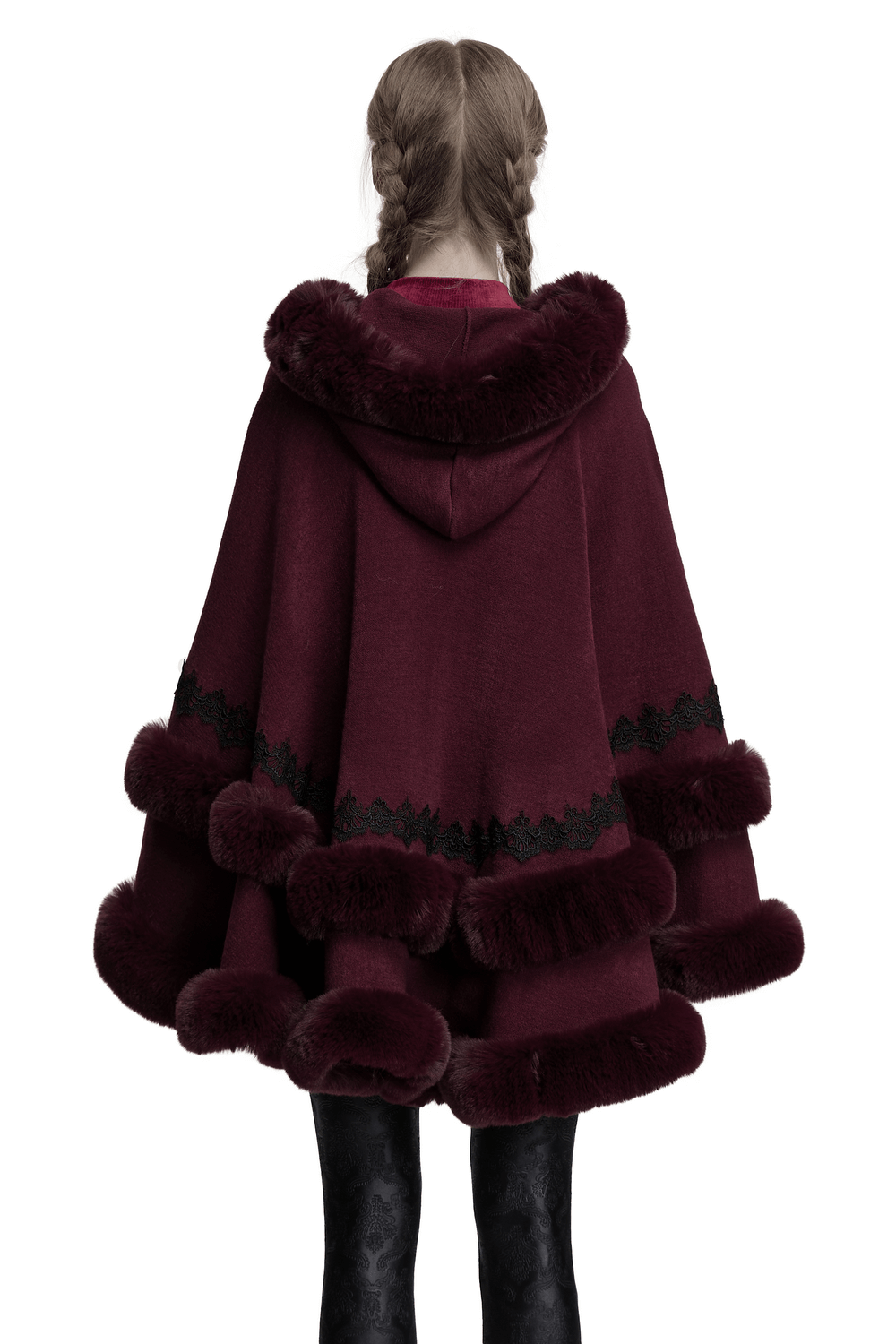 Burgundy hooded cloak featuring luxurious fur trim and elegant lace hem, perfect for stylish warmth.