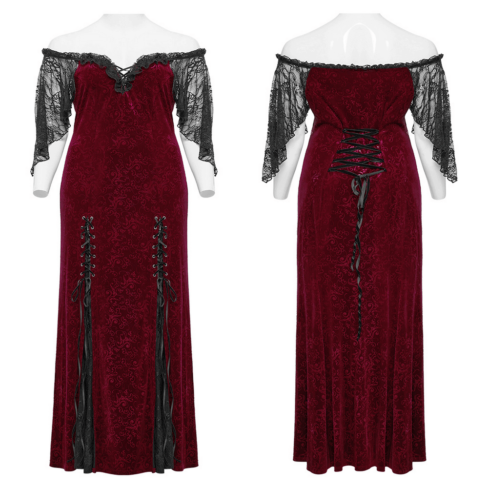 Burgundy off-shoulder velvet gown with lace trim and corset design, showcasing a gothic elegant style.