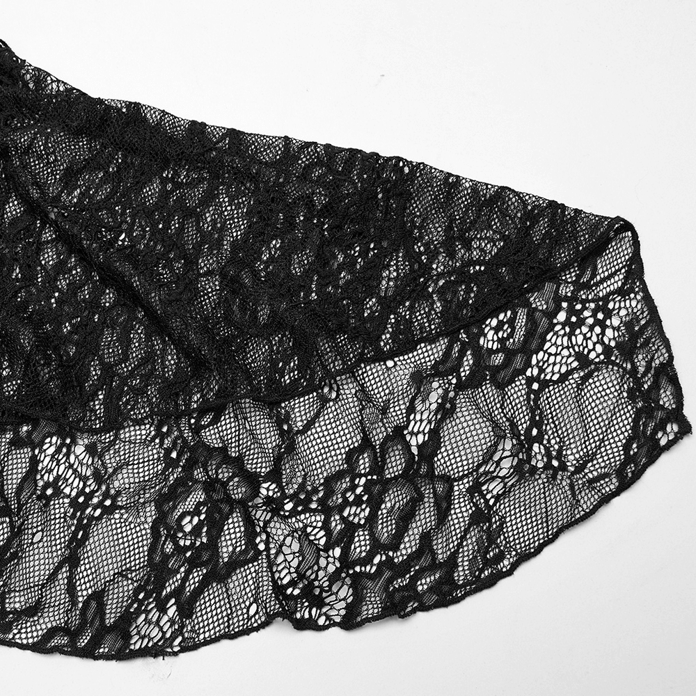 Elegant black lace fabric with intricate floral patterns, perfect for gothic-inspired fashion and vintage designs.