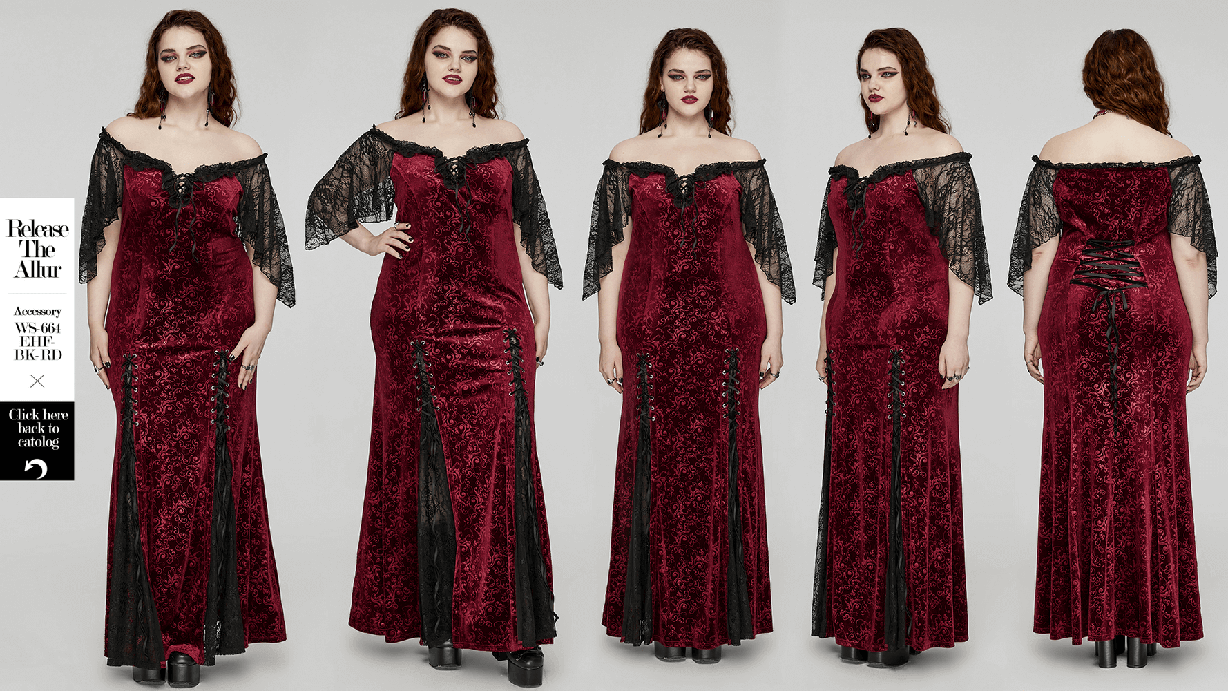 Burgundy off-shoulder velvet gown with lace sleeves, featuring a romantic V-neckline and elegant ruffle detail.