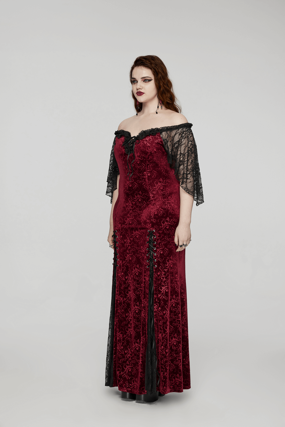 Burgundy Lace Trimmed Off-Shoulder Velvet Gown