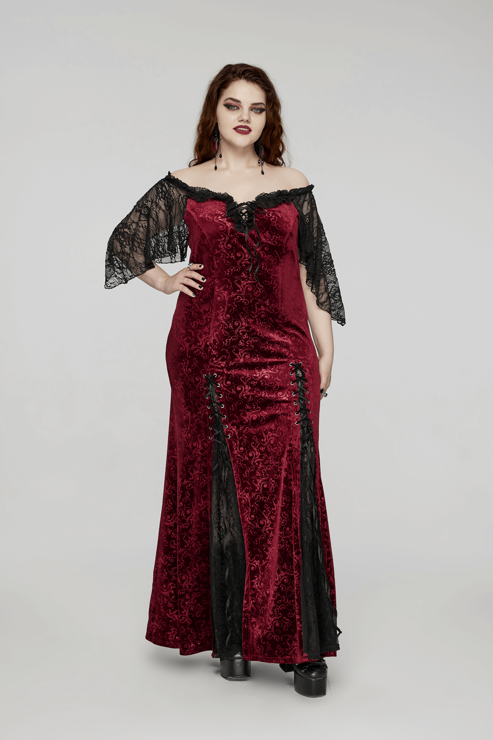 Gothic burgundy off-shoulder velvet gown with lace sleeves and elegant ruffles, perfect for a romantic evening.