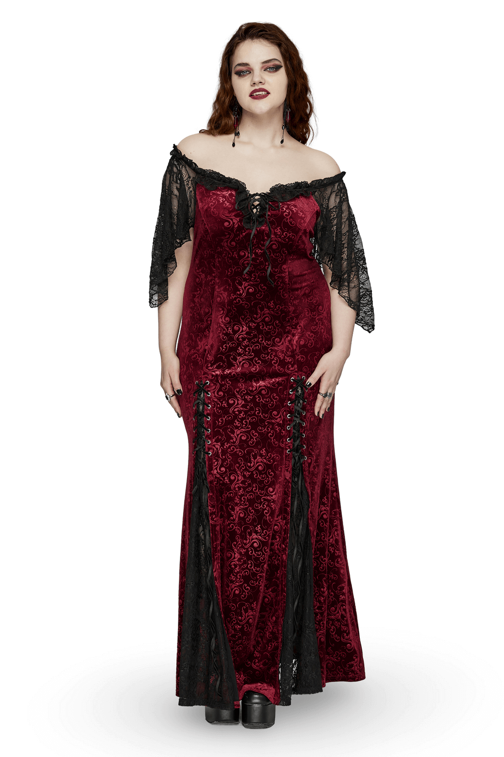 Burgundy Lace Trimmed Off-Shoulder Velvet Gown