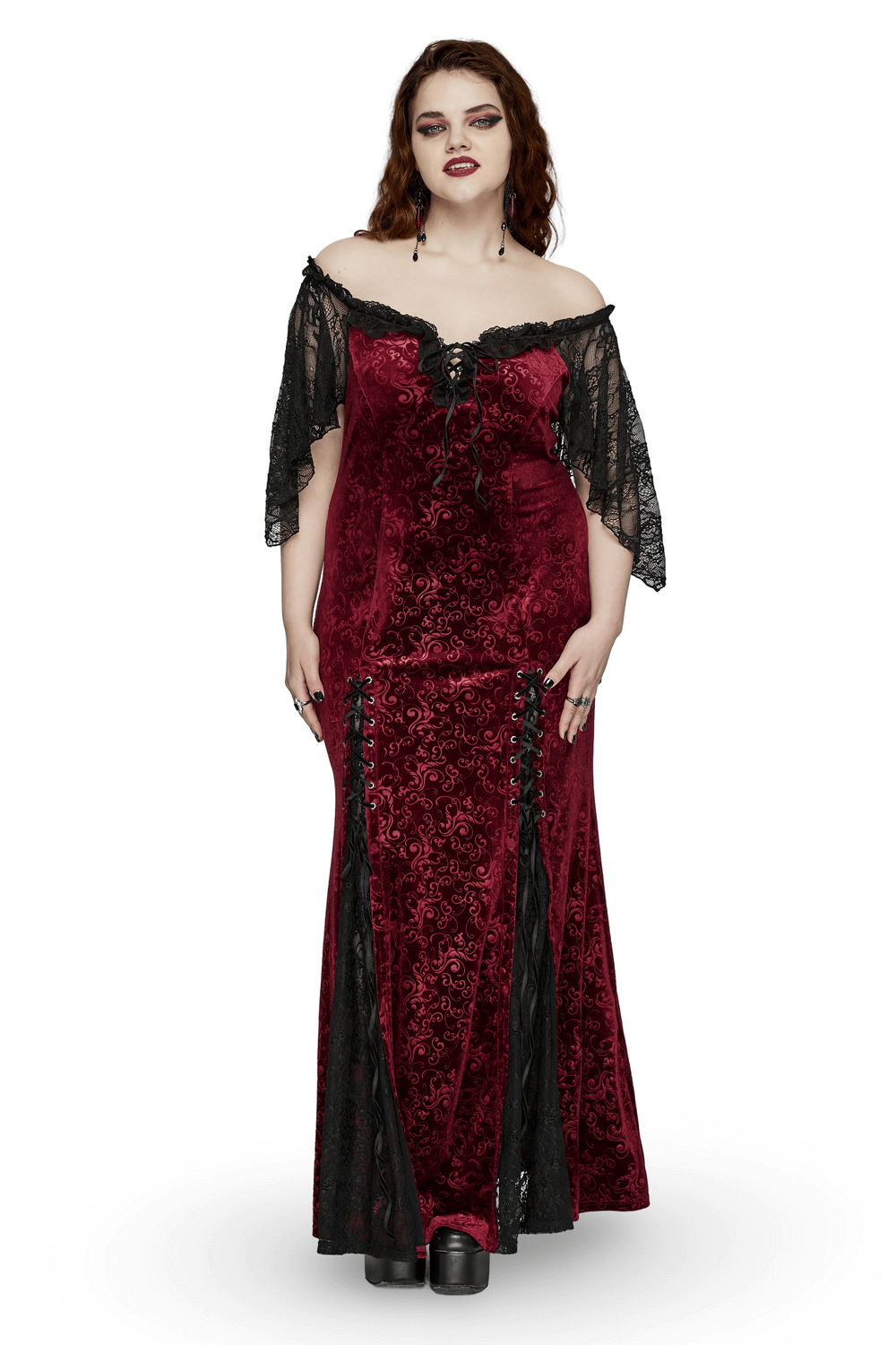 Gothic burgundy velvet gown with off-shoulder lace sleeves and ruffle neckline, perfect for a dark romantic vibe.