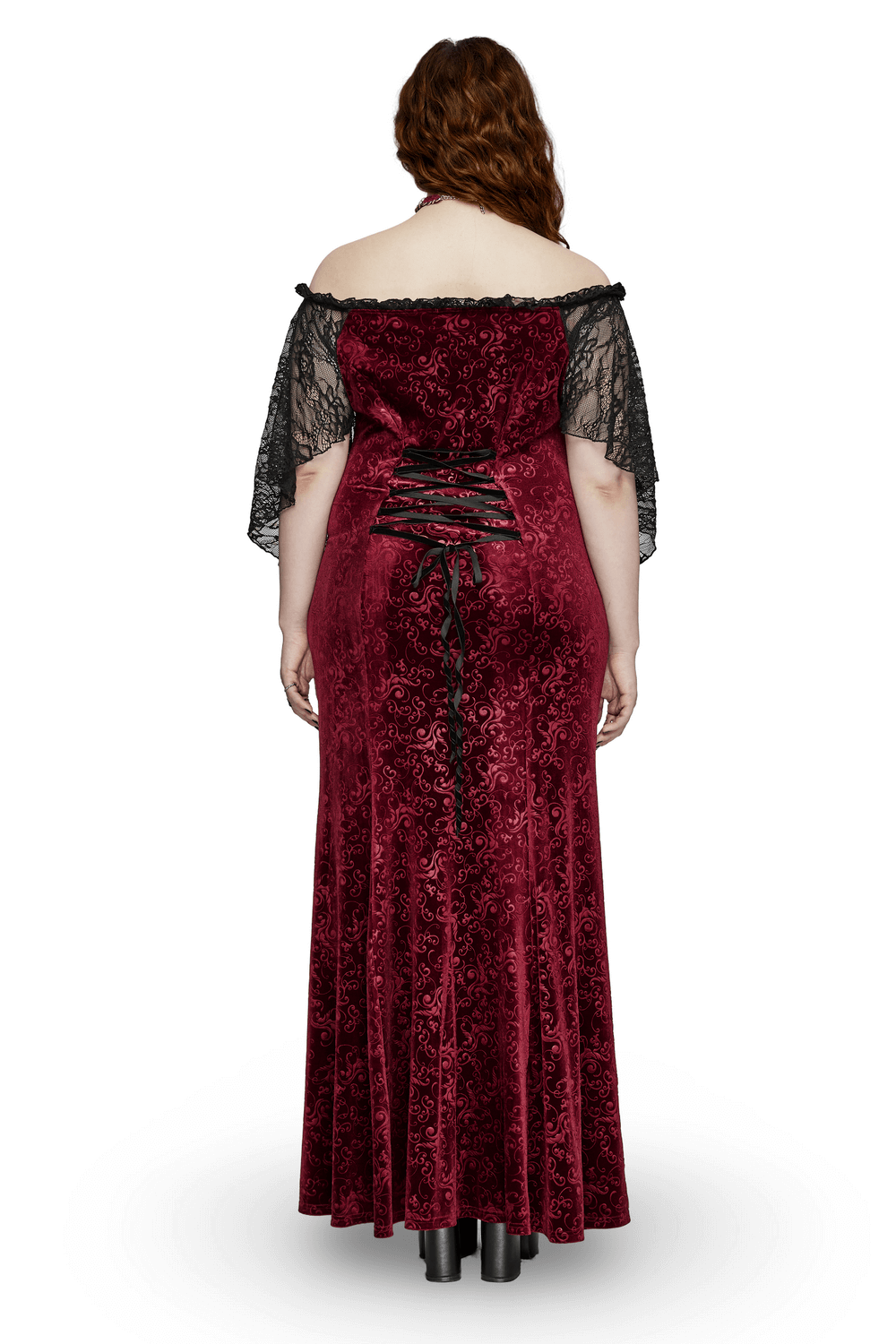 Back view of a burgundy lace trimmed off-shoulder velvet gown with elegant lace sleeves and a romantic silhouette.