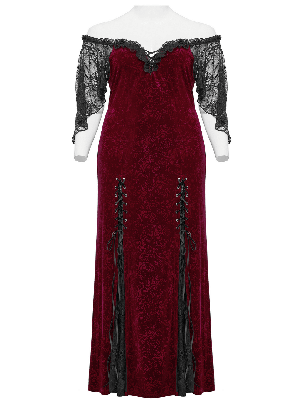 Burgundy lace trimmed off-shoulder velvet gown with elegant ruffles and Gothic-inspired detailing.