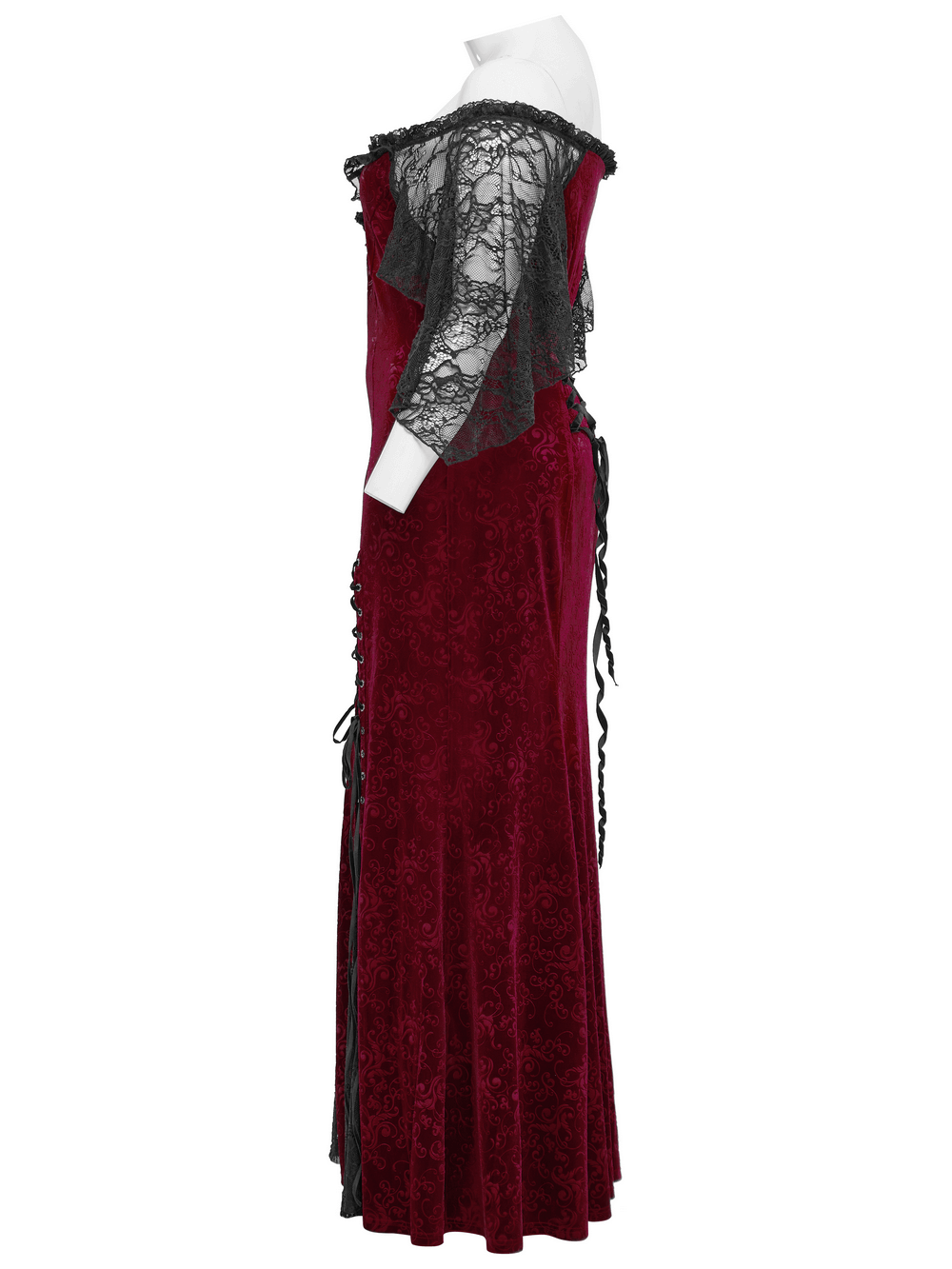 Burgundy off-shoulder gown with lace trim, ruffle edge, and elegant velvet texture for a gothic look.