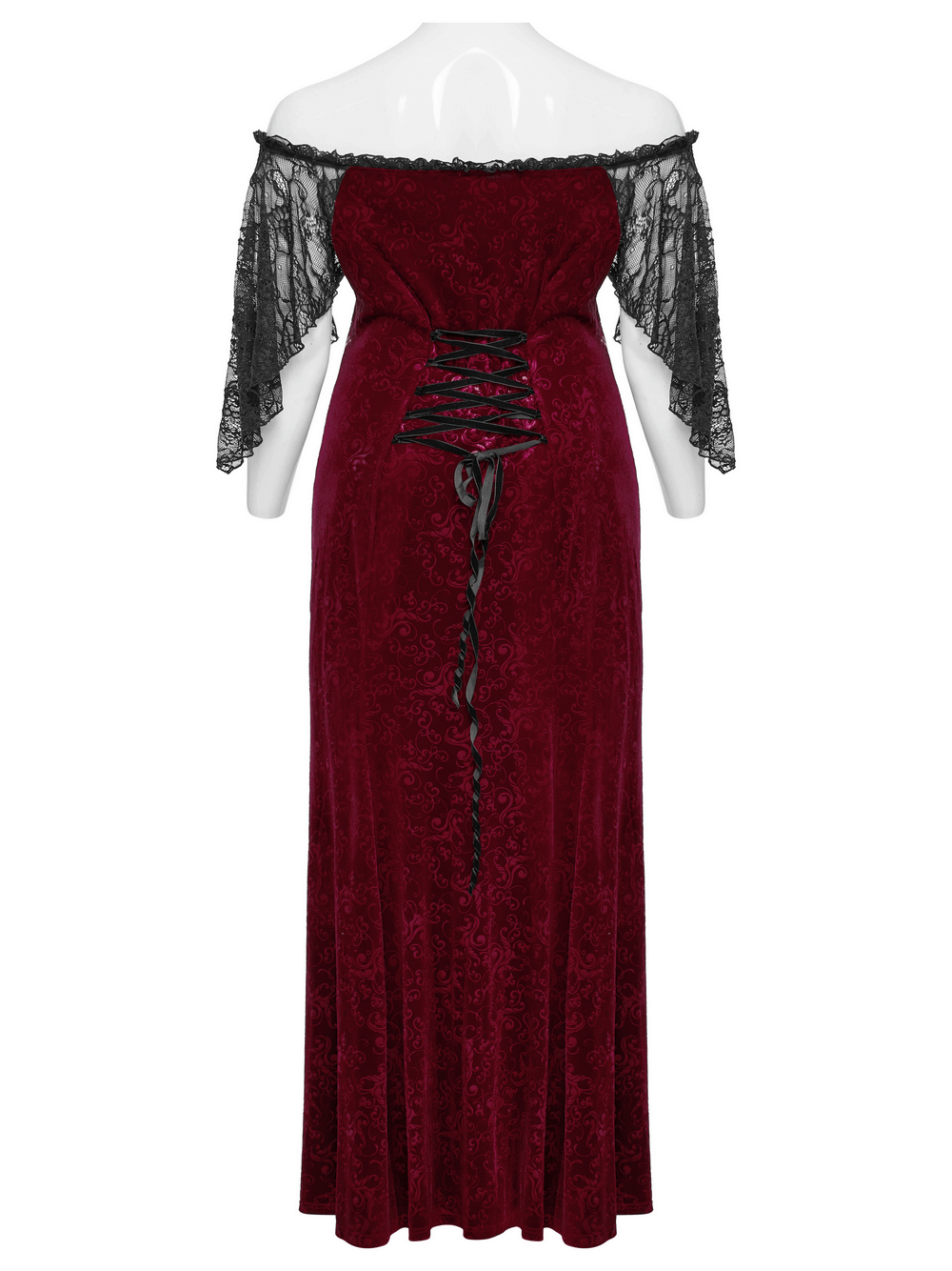 Gothic burgundy velvet gown with lace sleeves and ruffle edge, perfect for a romantic, sexy look.