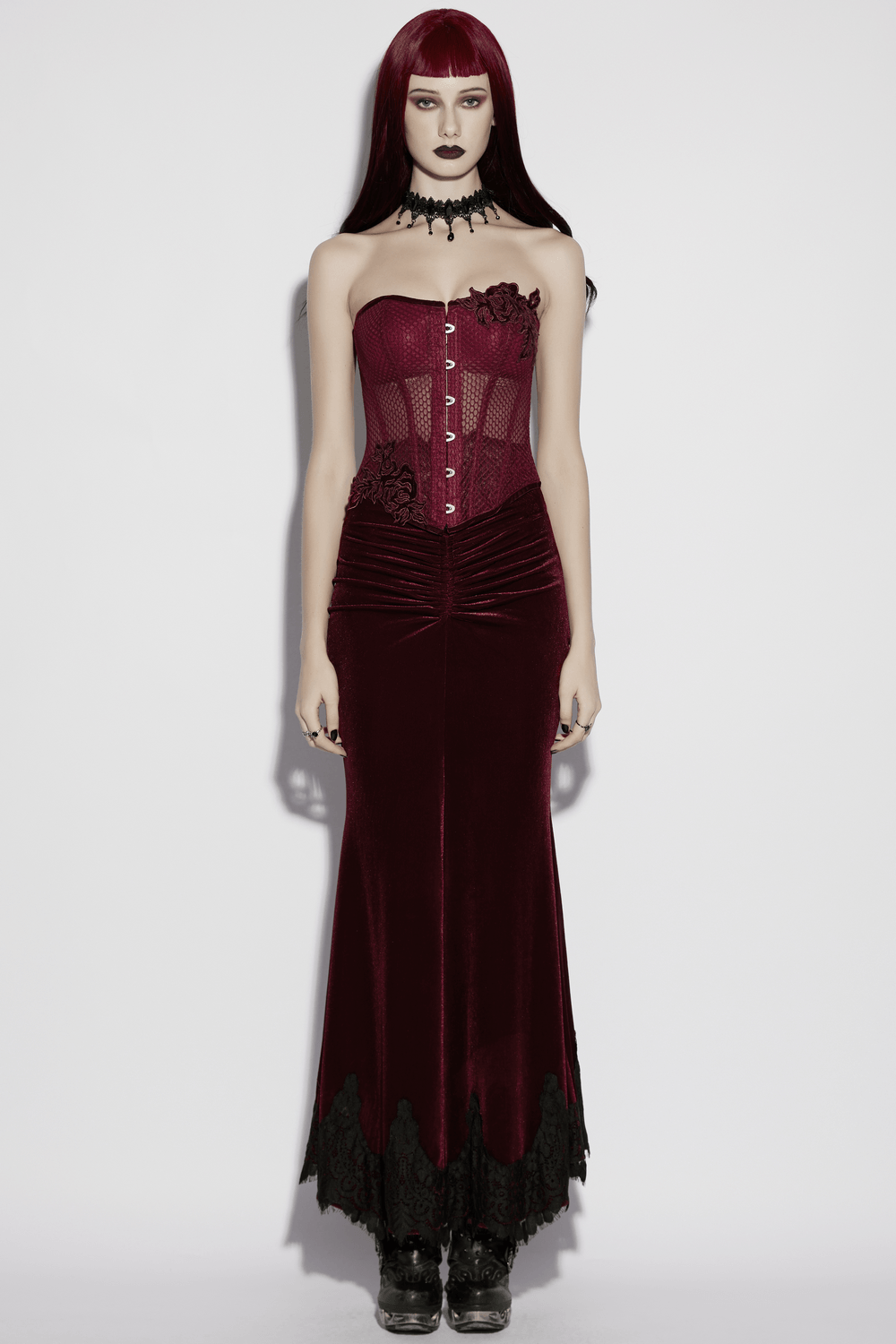 Burgundy Mesh Corset Top with Adjustable Lace Up Back worn by model, showcasing gothic style and rose embellishments.