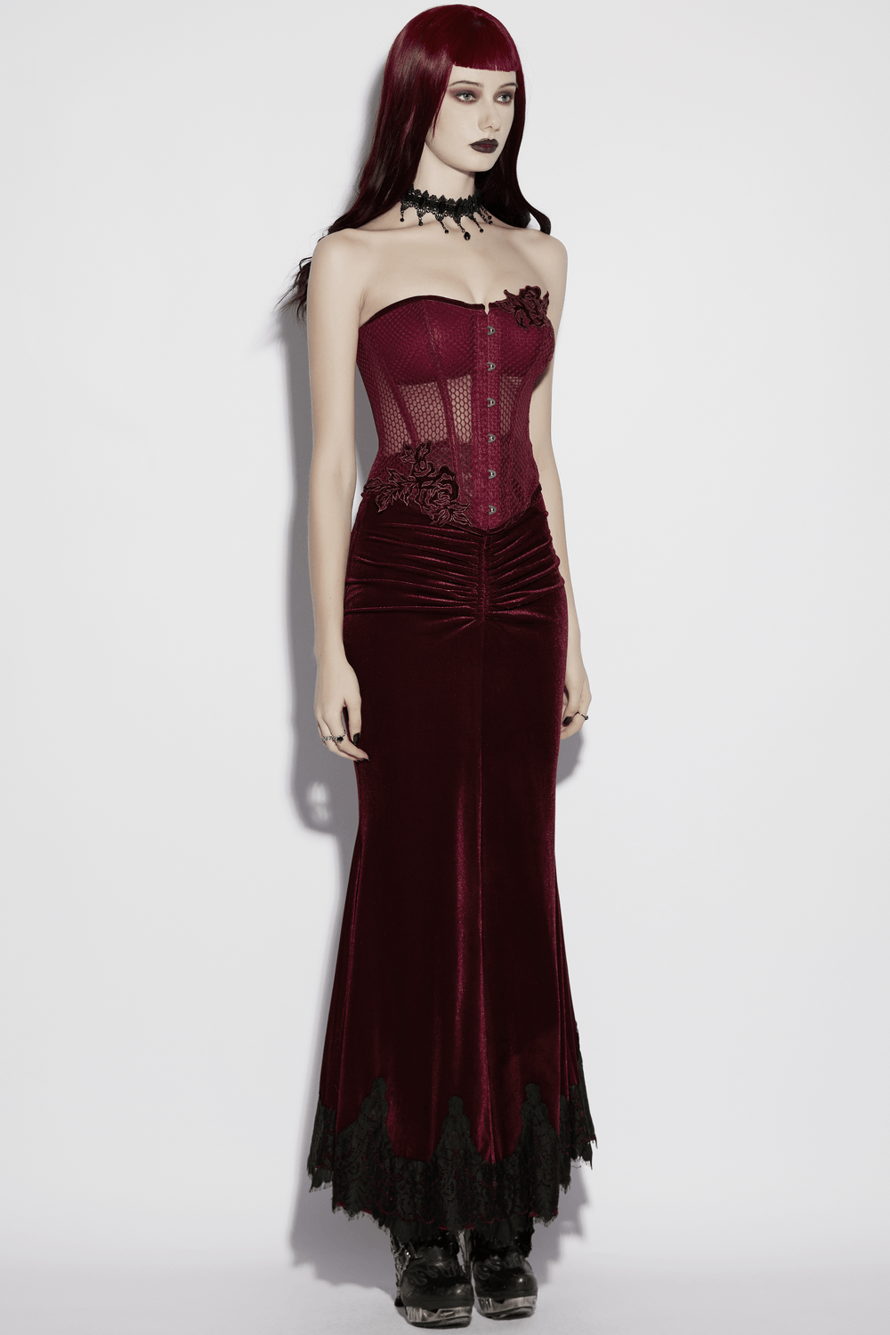 Burgundy Mesh Corset Top with Adjustable Lace Up Back on model, showcasing gothic elegance and romantic details.