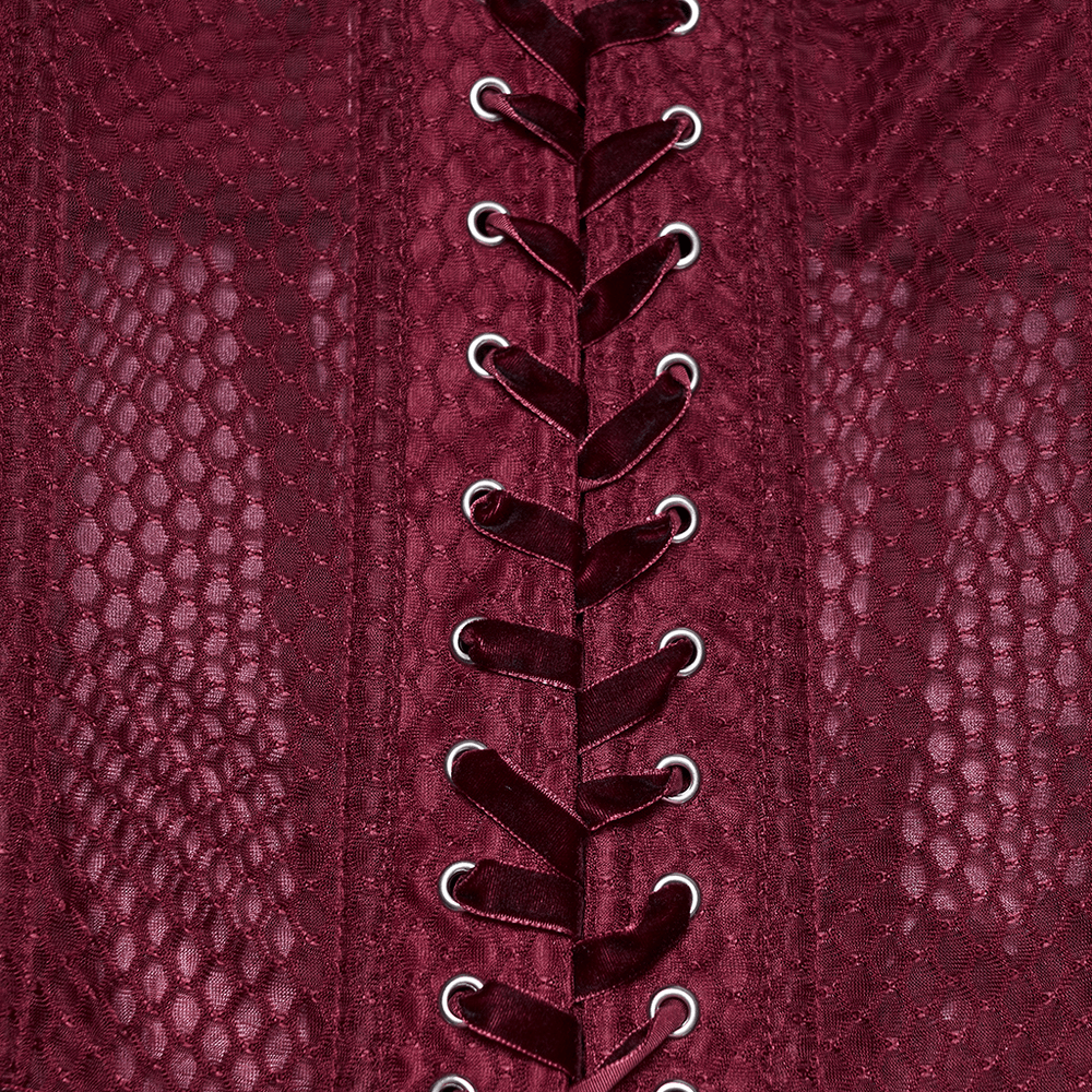 Burgundy Mesh Corset Top with Adjustable Lace Up Back detailed view of lace-up closure and textured fabric