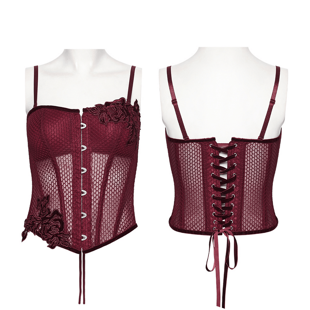 Burgundy Mesh Corset Top with Adjustable Lace Up Back showcasing gothic design with rose decals and lace-up detail.