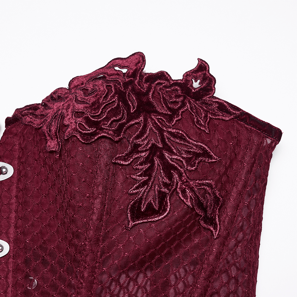 Burgundy Mesh Corset Top with Adjustable Lace Up Back featuring intricate velvet rose details.