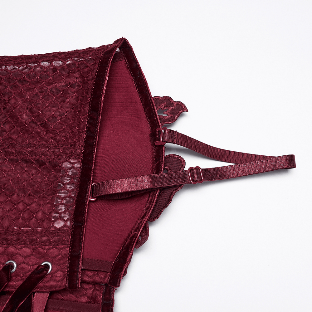 Burgundy Mesh Corset Top with Adjustable Lace Up Back showcasing intricate lace details and adjustable straps.