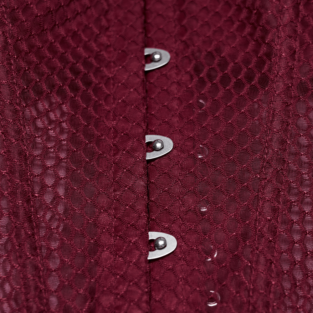 Burgundy Mesh Corset Top with Adjustable Lace Up Back showcasing front buckles in a close-up view.