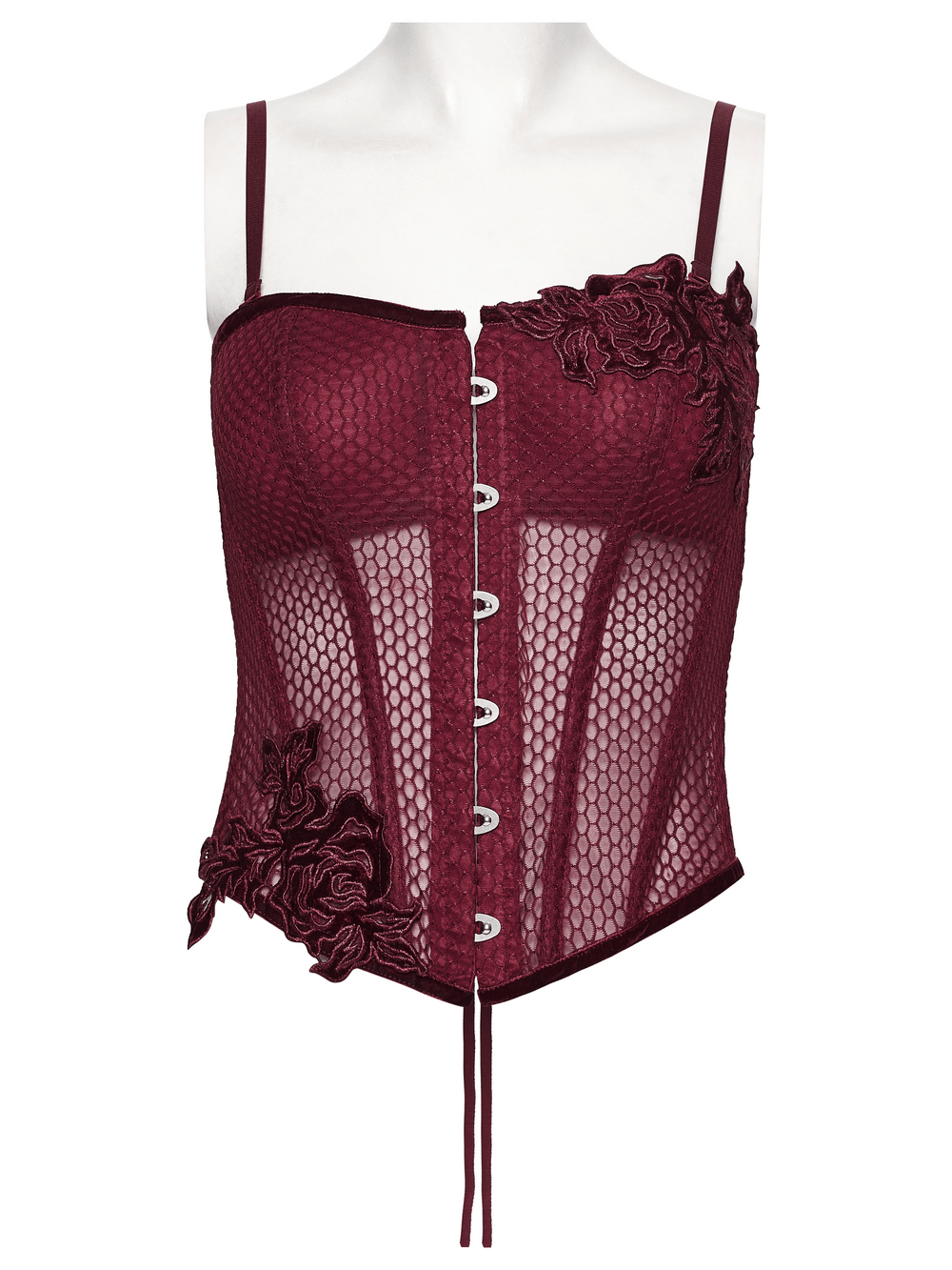 Burgundy Mesh Corset Top with Adjustable Lace Up Back featuring asymmetrical velvet roses and a sheer micro elastic design.