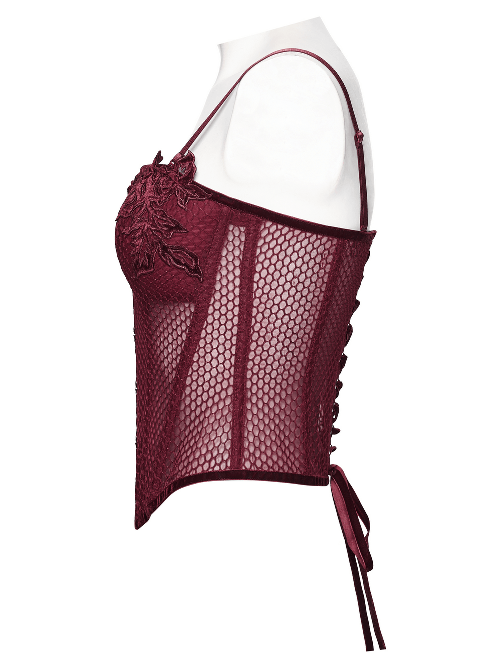 Burgundy Mesh Corset Top with Adjustable Lace Up Back showcasing a gothic design with rose detail and sheer mesh.