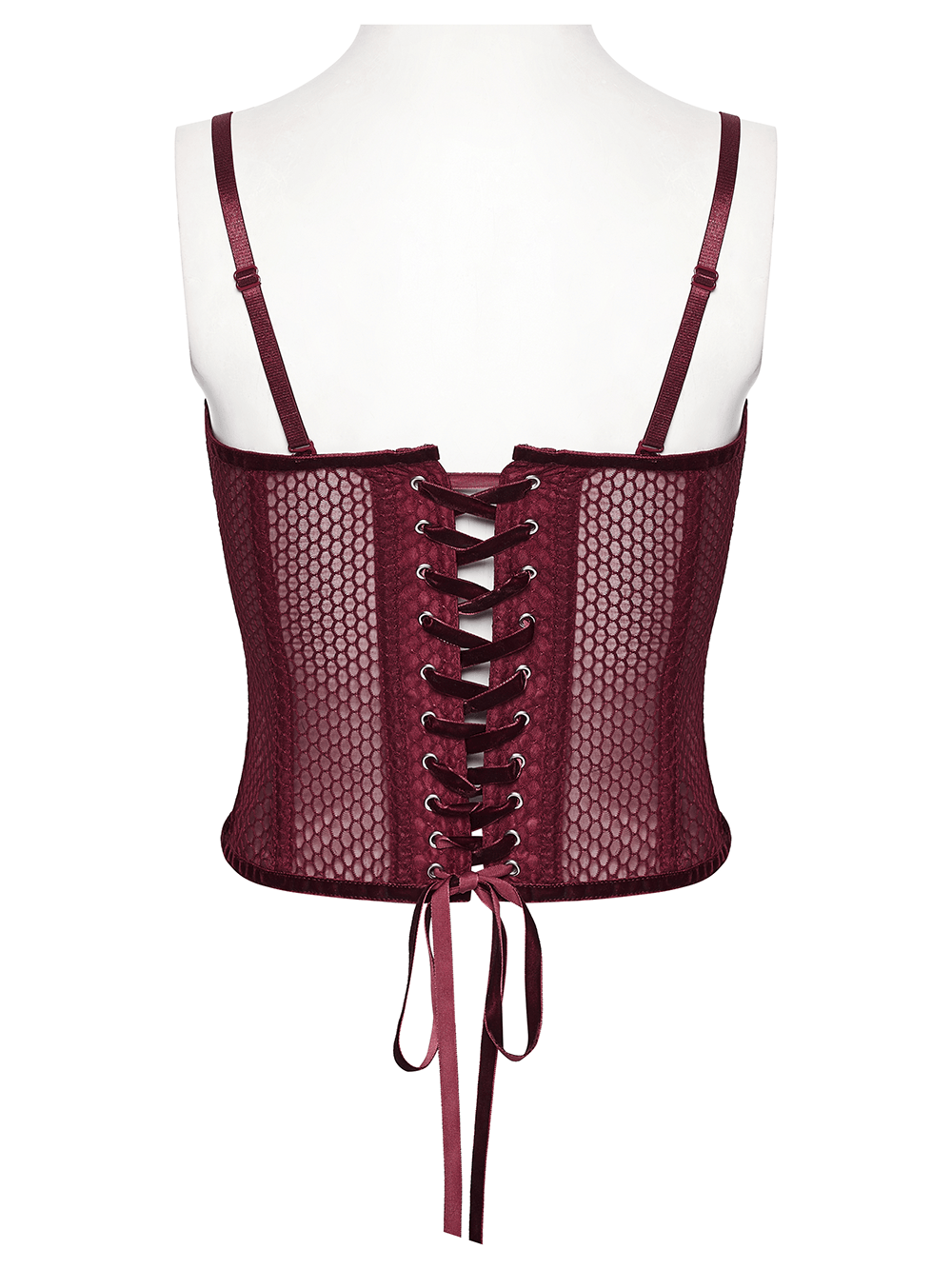 Burgundy Mesh Corset Top with Adjustable Lace Up Back showcasing its intricate lace-up design and sheer mesh fabric.