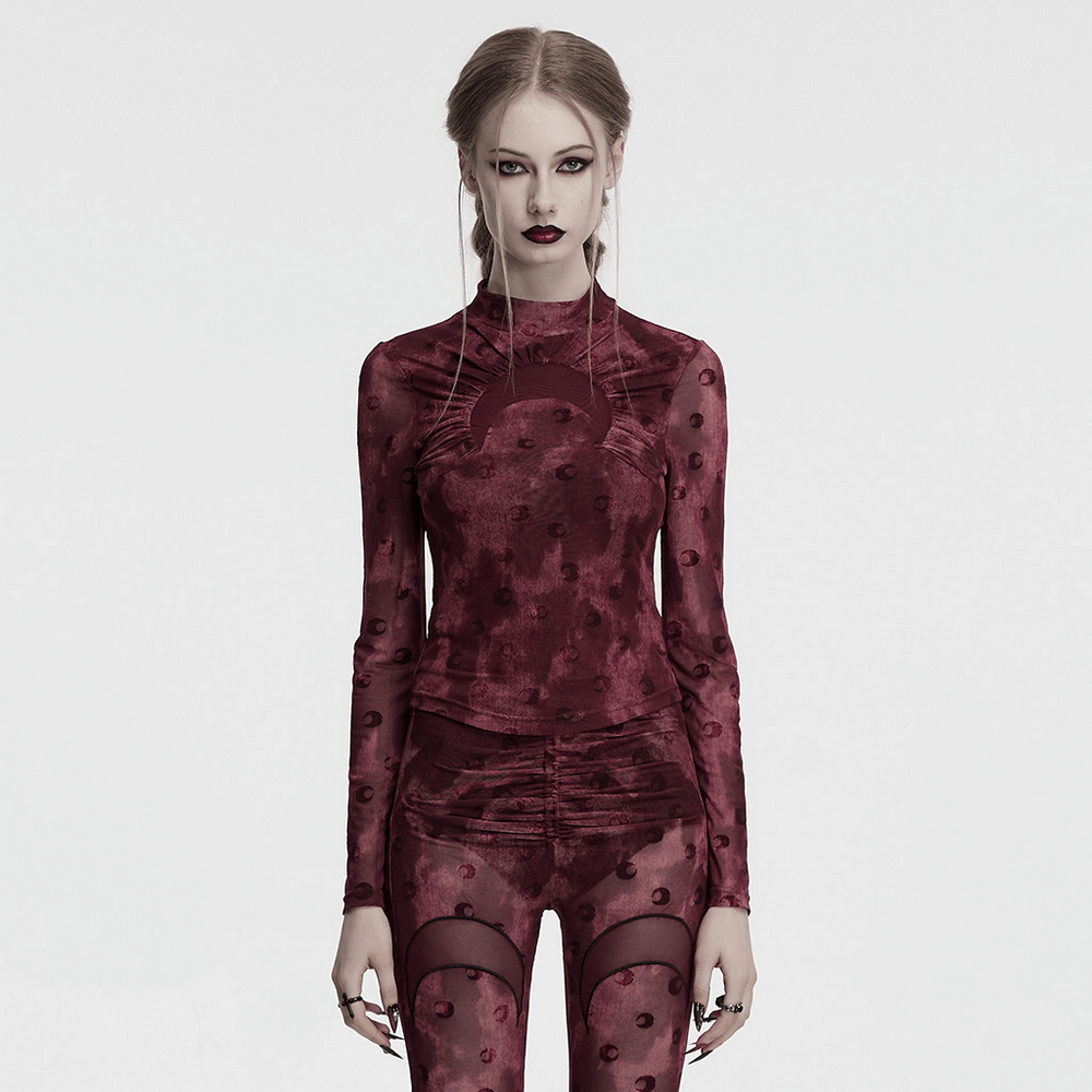 Burgundy mesh long sleeve top with crescent print, gothic fashion style, perfect for dark streetwear looks.