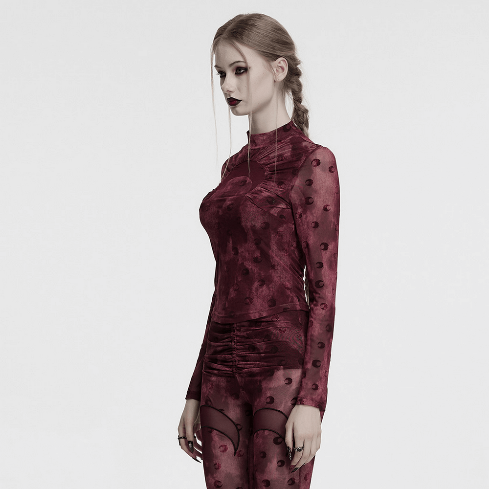 Burgundy mesh long sleeve top with crescent print design, featuring a stylish stand-up collar and fitted silhouette.