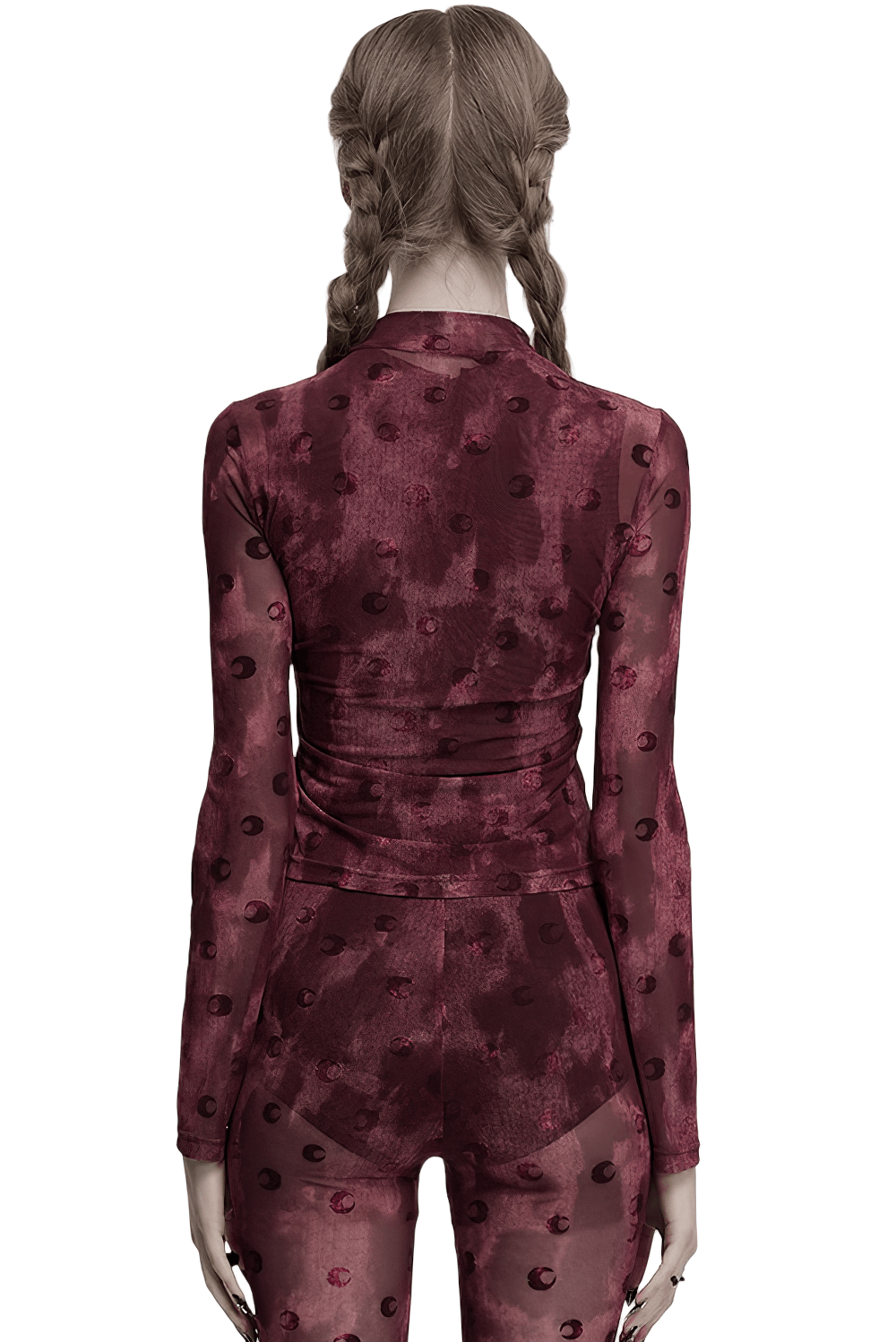 Back view of a burgundy mesh long sleeve top with crescent print design, showcasing a fitted gothic style.