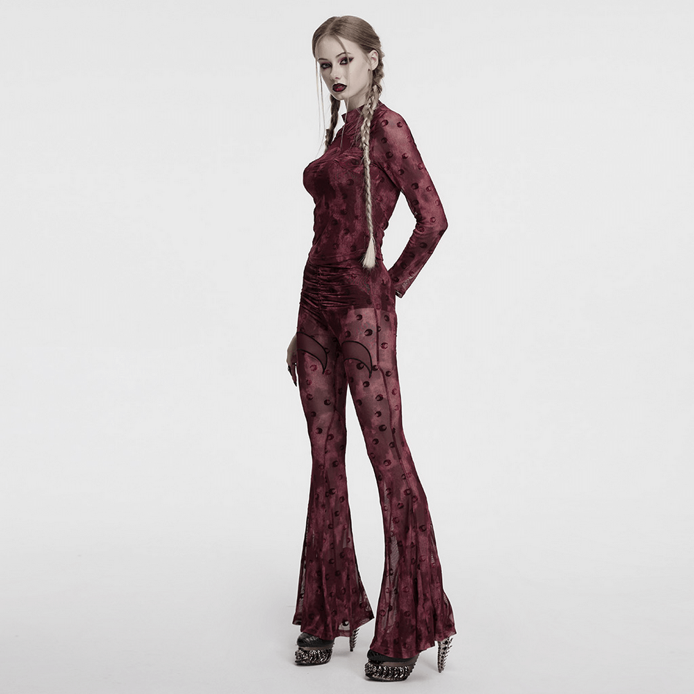 Burgundy mesh long sleeve top with crescent print, featuring a gothic-inspired design and fitted silhouette.