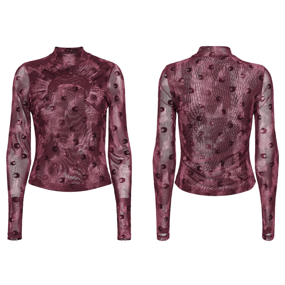 Burgundy mesh long sleeve top with crescent print design, featuring sheer layers and a gothic-inspired look.