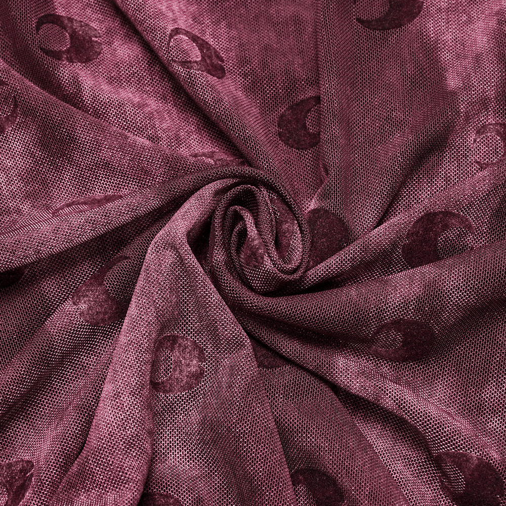 Burgundy mesh fabric with crescent print design, ideal for gothic fashion and alternative streetwear styles.