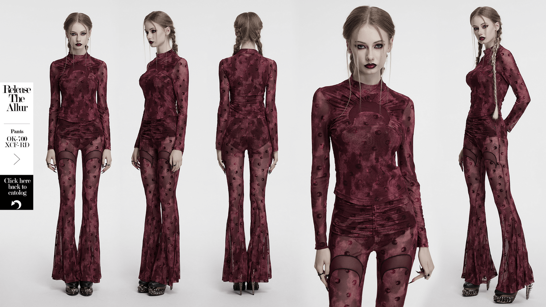 Burgundy mesh long sleeve top with crescent print, gothic fashion with sheer layers, perfect for alternative streetwear.