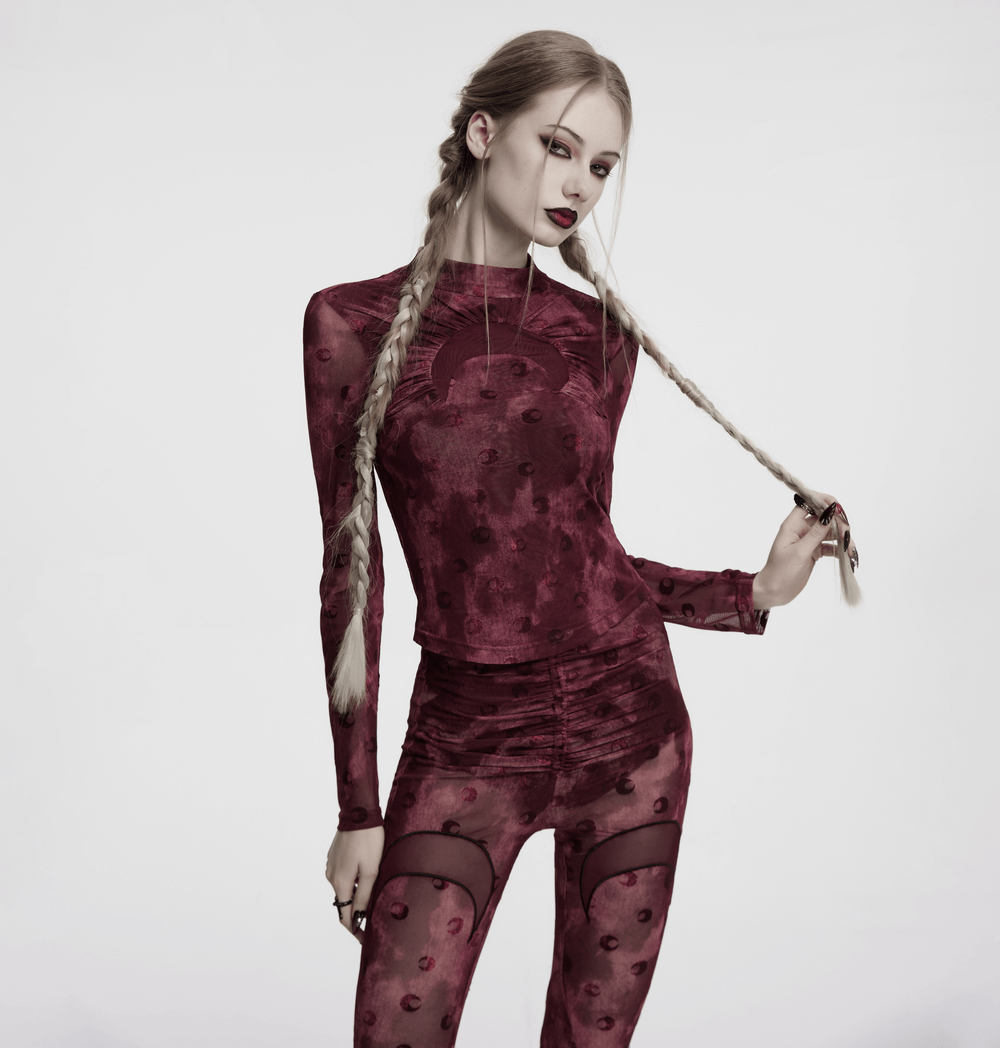 Burgundy mesh long sleeve top with crescent print, perfect for gothic and alternative streetwear fashion.