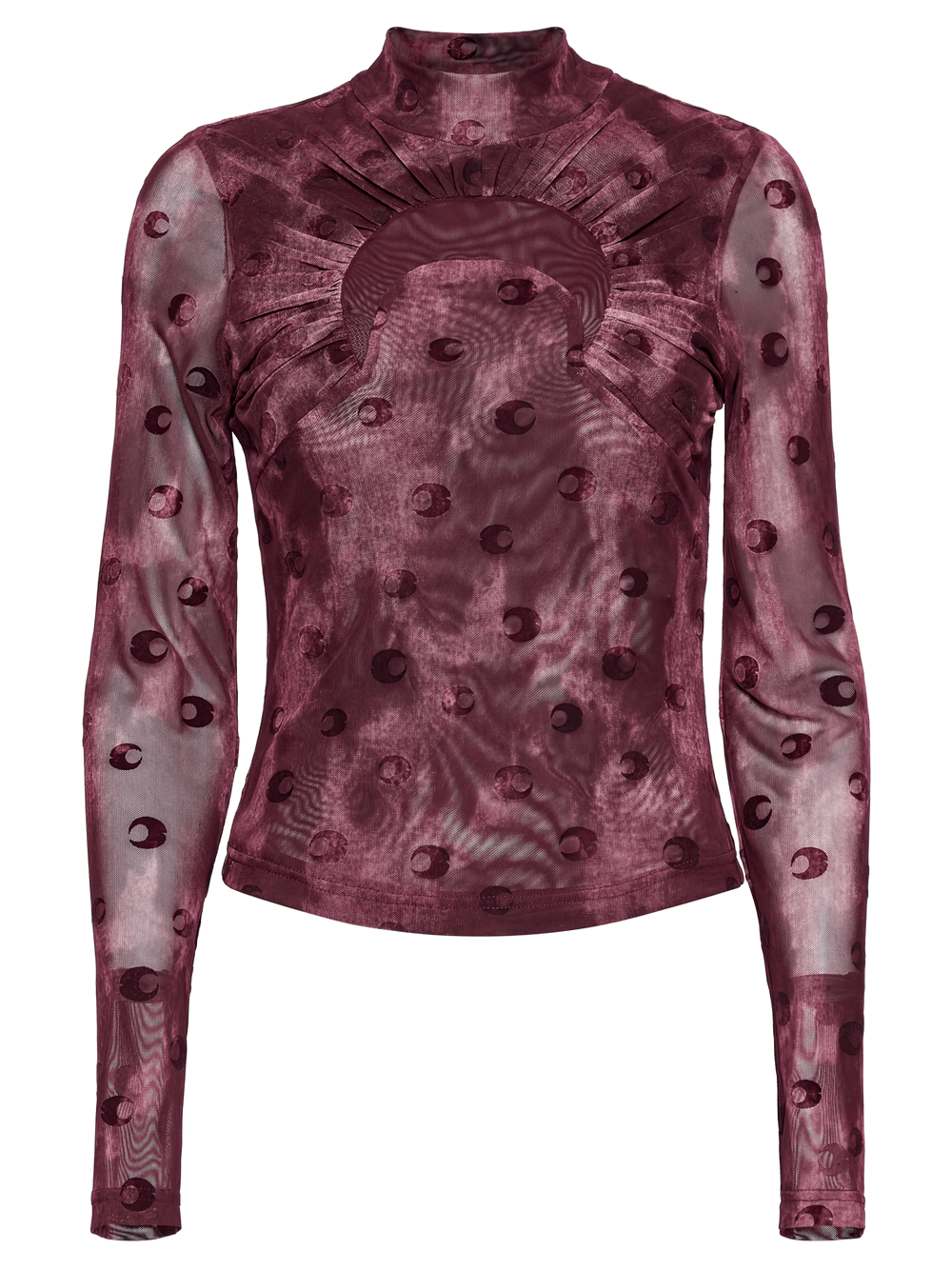 Burgundy sheer mesh long sleeve top with crescent print design and stand-up collar, perfect for gothic layering.