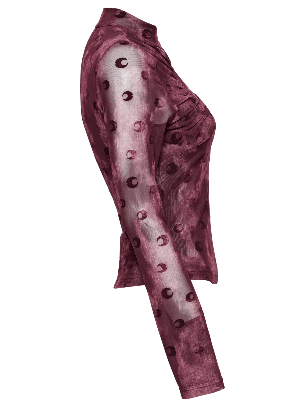 Burgundy mesh long sleeve top with crescent print design, featuring sheer layers and a fitted shape, perfect for gothic style.