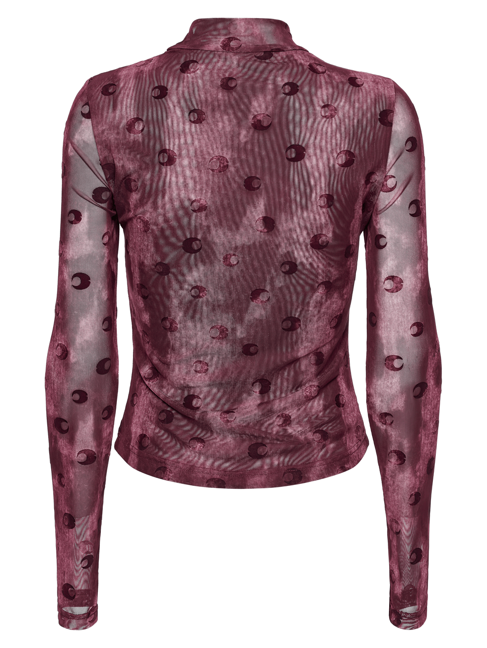 Burgundy mesh long sleeve top with crescent print design, featuring a stand-up collar and sheer layers.
