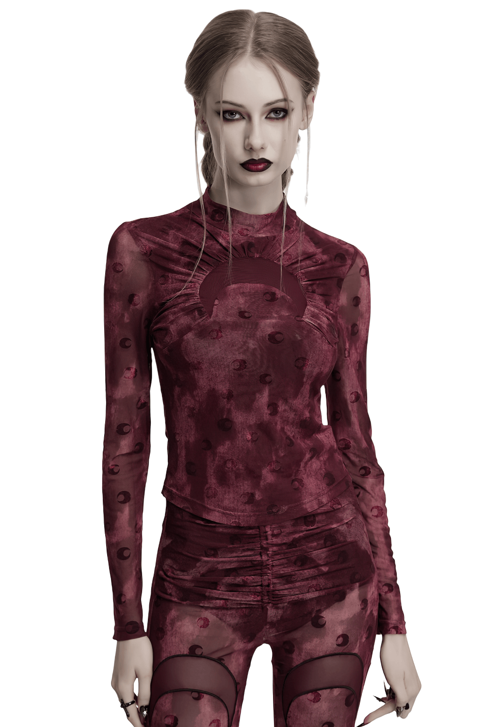 Burgundy mesh long sleeve top with crescent print, striking gothic design and sheer layers for bold alternative fashion.