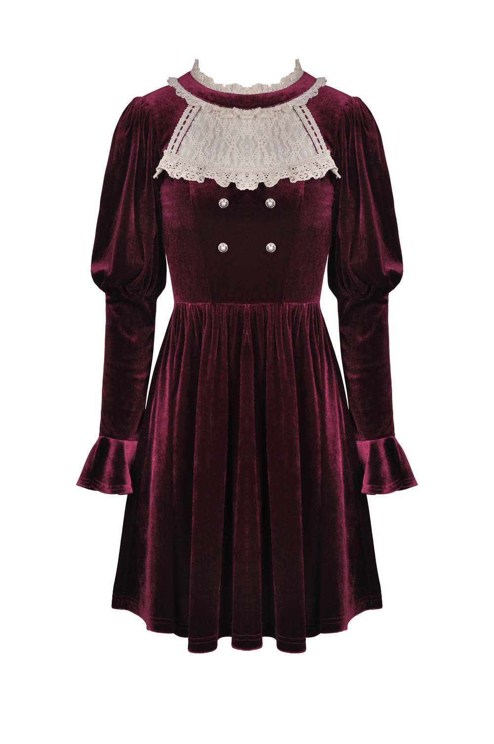 Burgundy velvet dress featuring delicate lace collar and vintage-inspired design, perfect for elegant events.