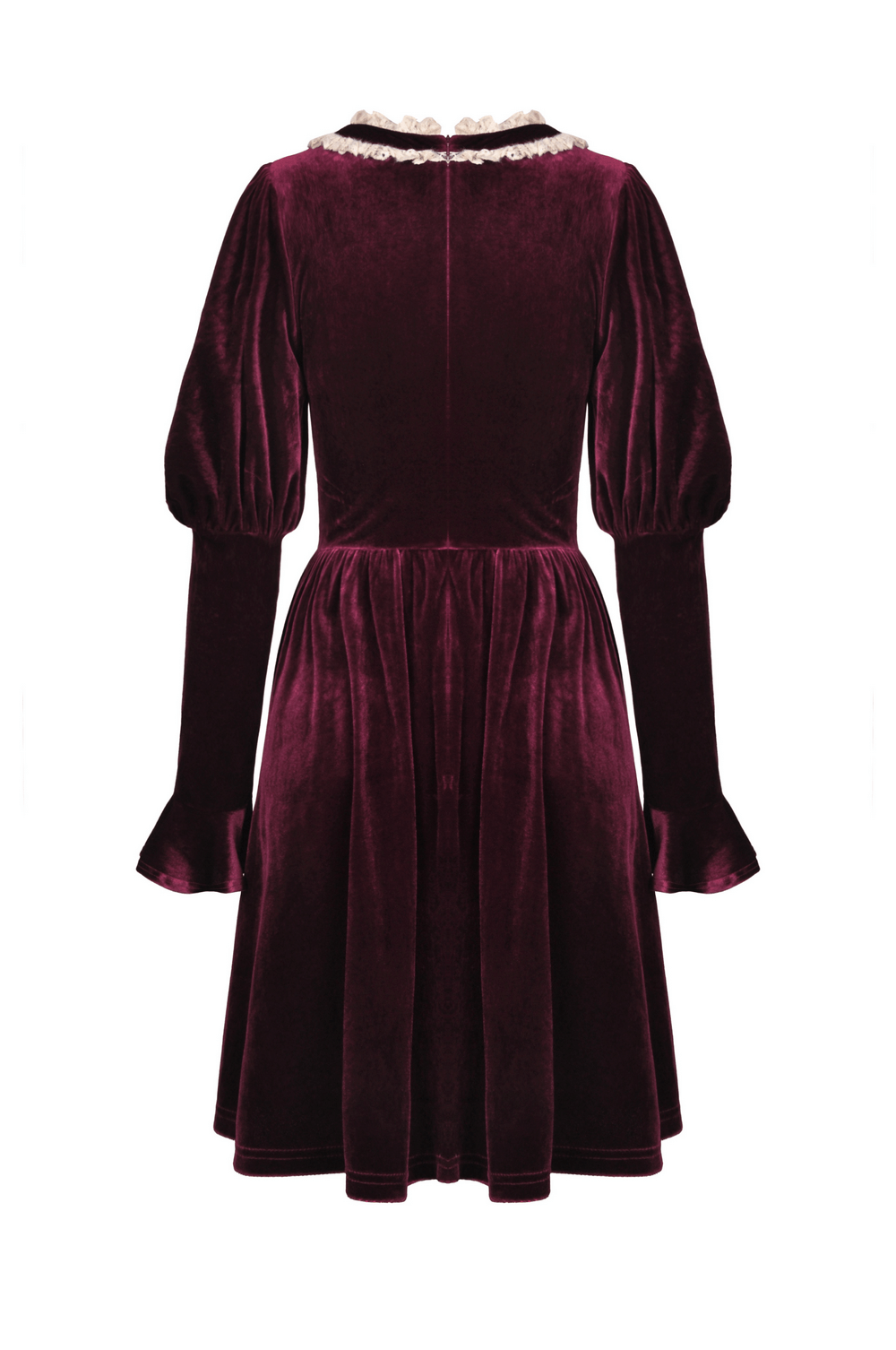 Back view of burgundy velvet dress with lace collar, featuring puff sleeves and a vintage-inspired design.