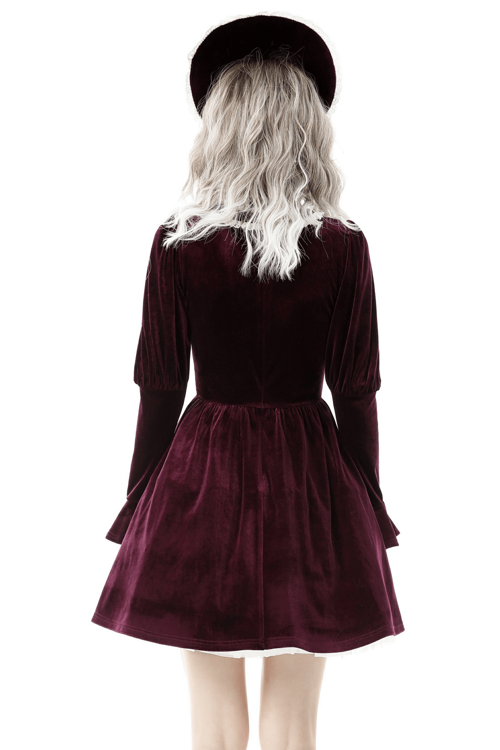 Back view of burgundy velvet dress with lace collar and matching hat, exuding vintage-inspired elegance.