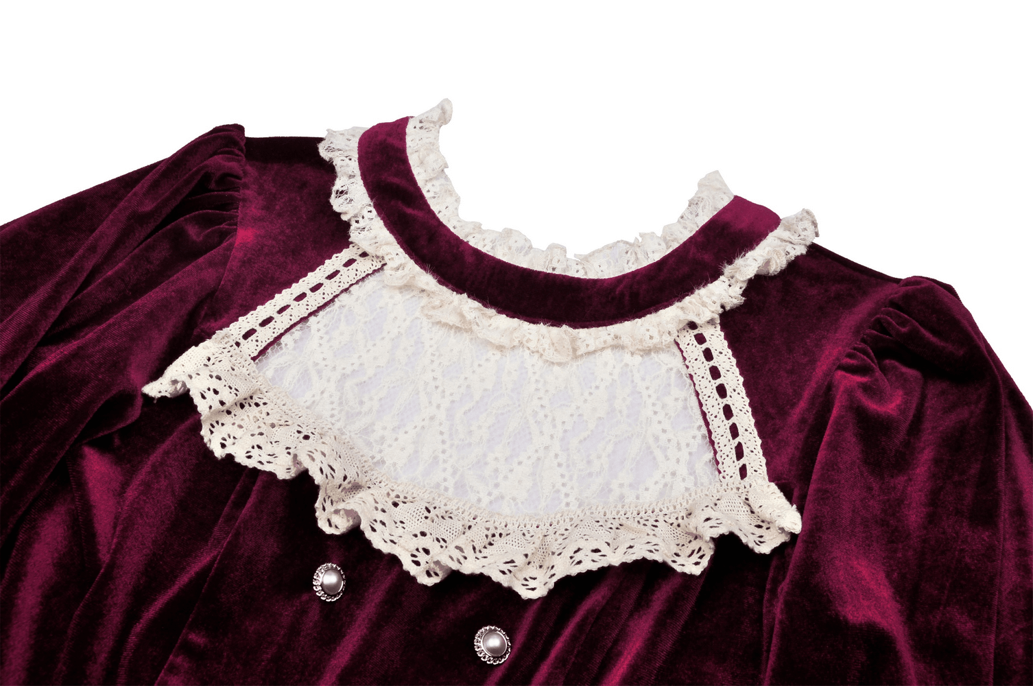Burgundy velvet dress collar with intricate white lace detailing and vintage-inspired design elements.