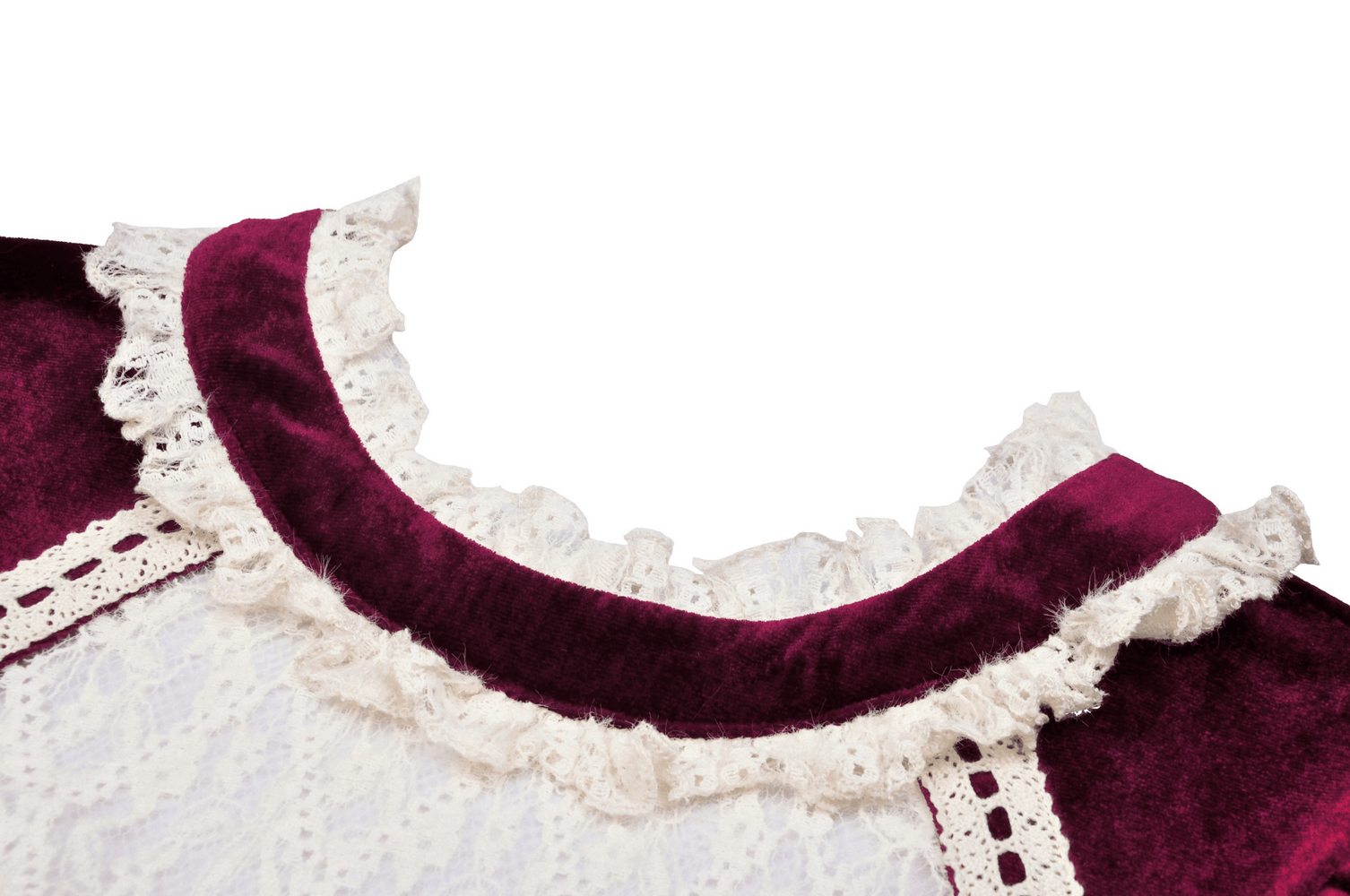 Close-up of burgundy velvet dress collar with intricate lace detailing, showcasing vintage elegance.
