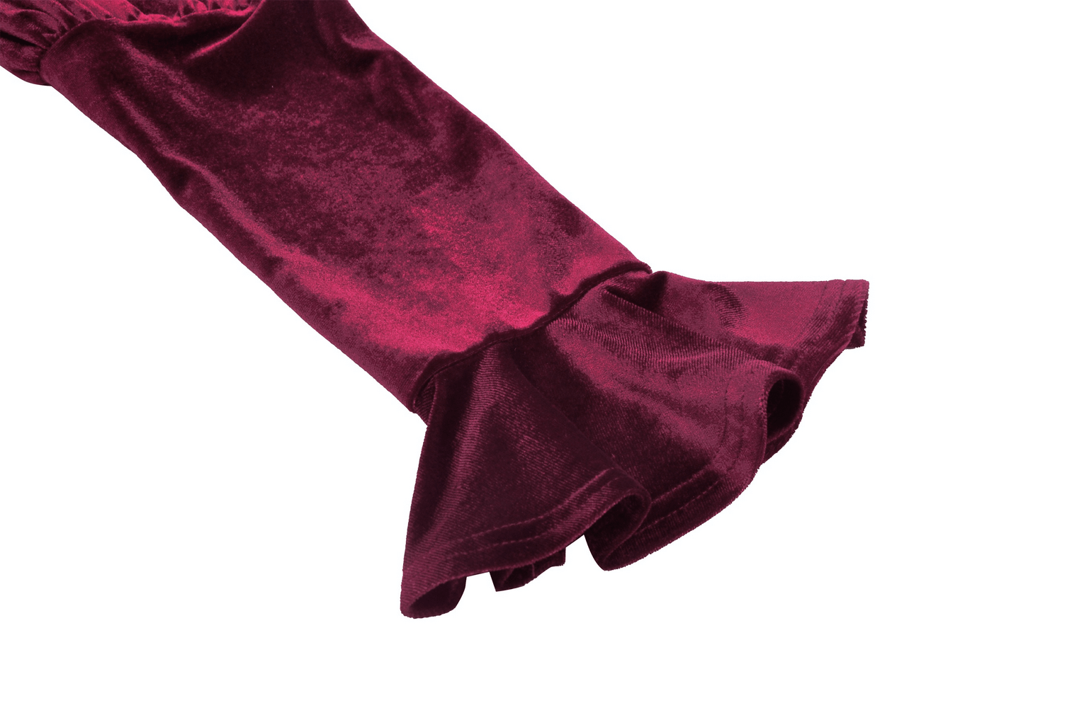 Burgundy velvet dress sleeve with flared lace accent, showcasing vintage elegance and rich texture.