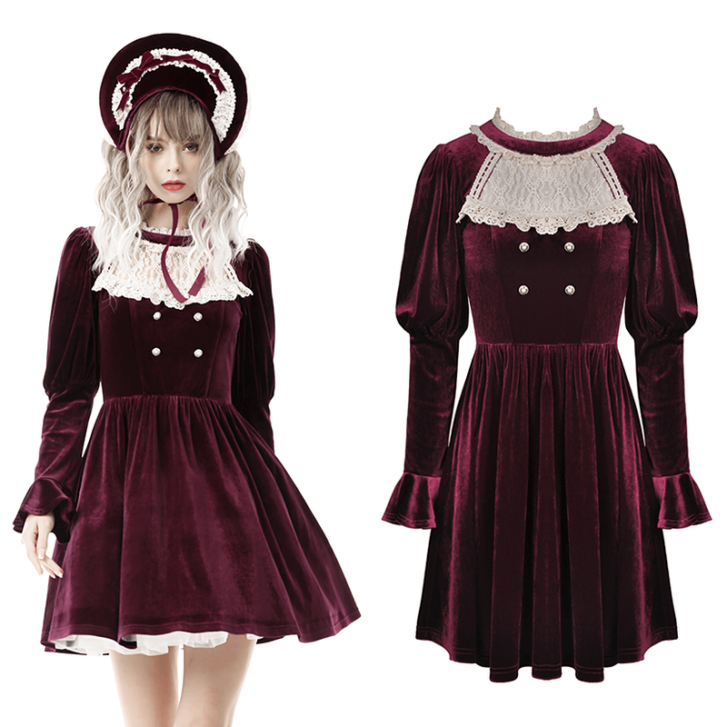 Burgundy velvet dress with lace accents and matching hat for a vintage-inspired look.
