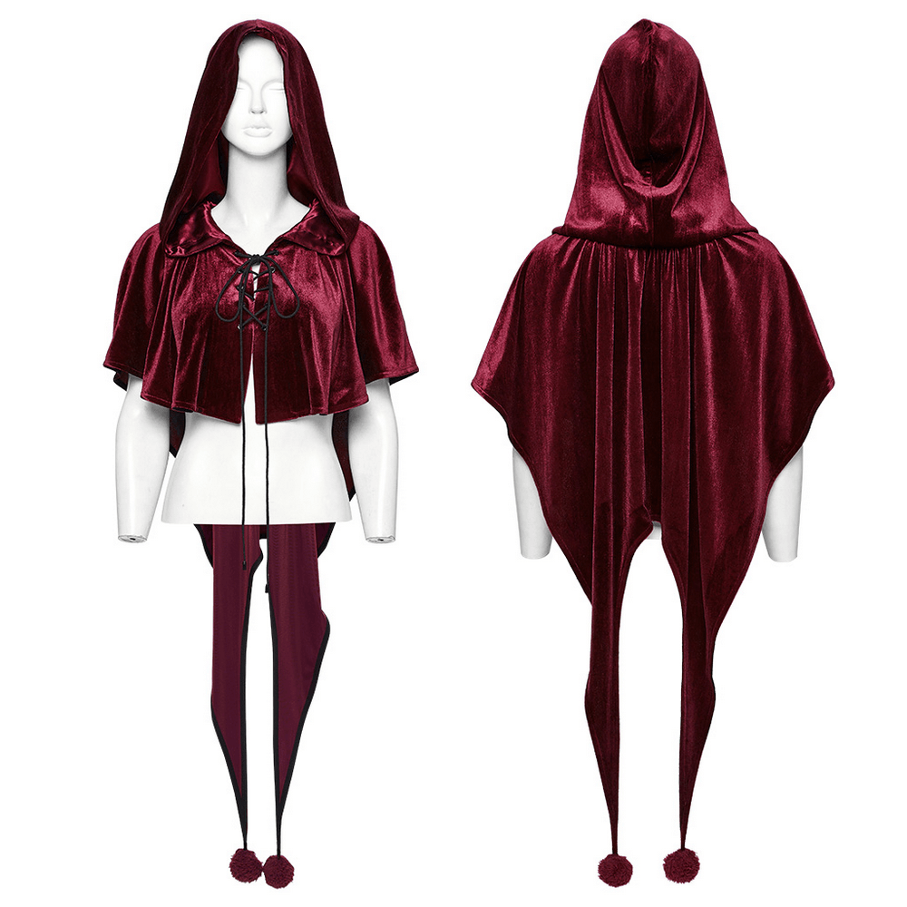 Burgundy velvet hooded cape with pom pom ties, featuring a lace-up front and pointed hem.